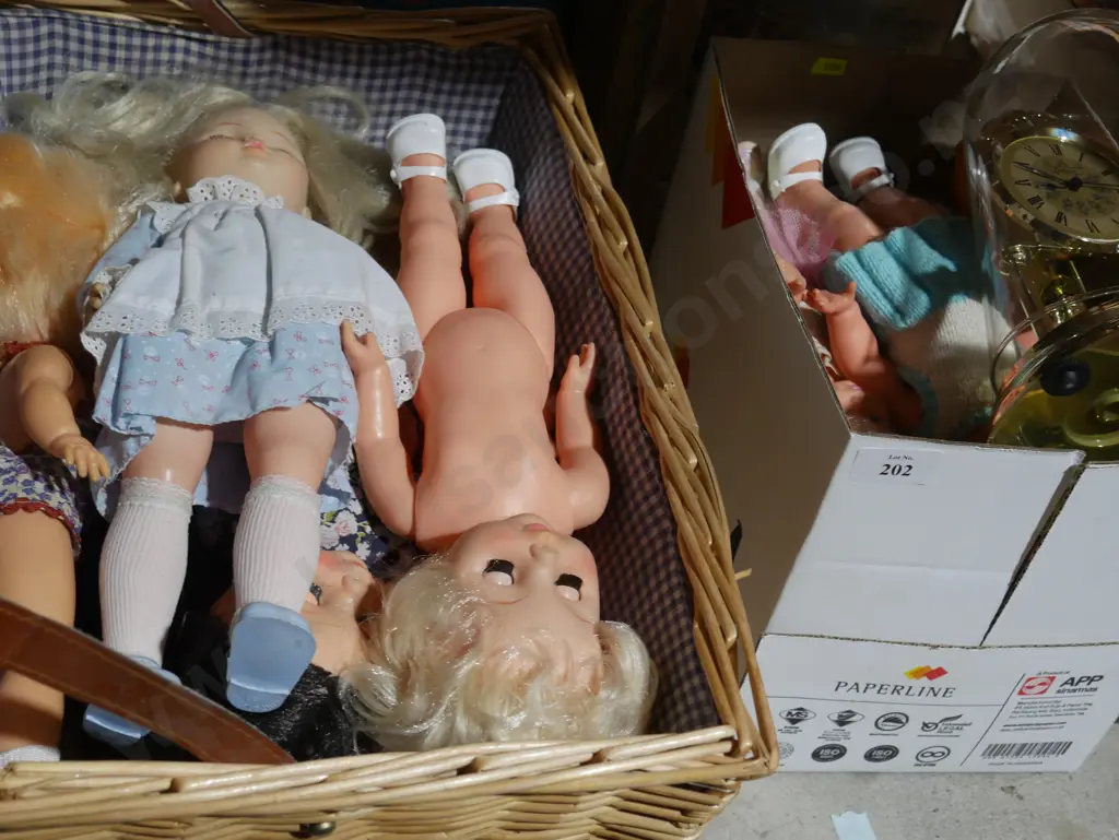 Picnic basket and box of dolls etc Image 1++