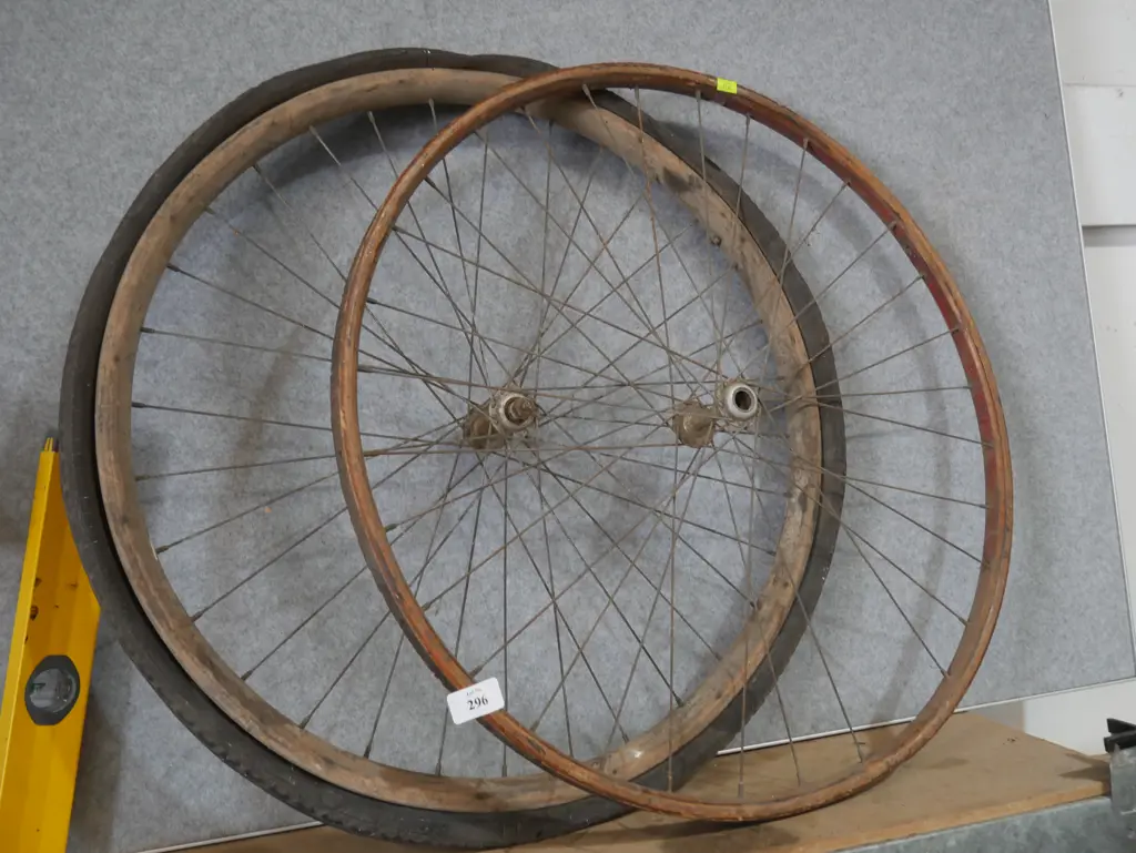 Two old wooden frame bicycle wheels Image 1++
