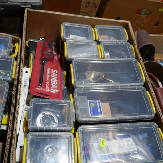Assorted containers of workshop fixings etc