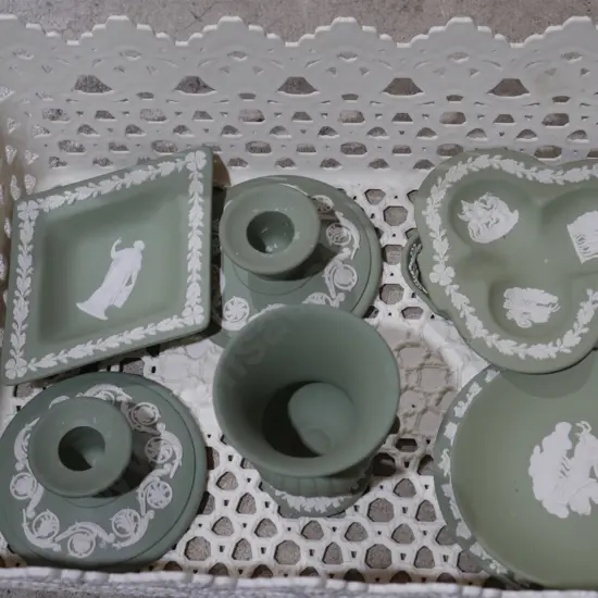 Wedgewood candlesticks etc all in green