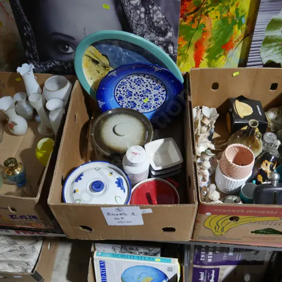 Three boxes of glassware, ornaments etc
