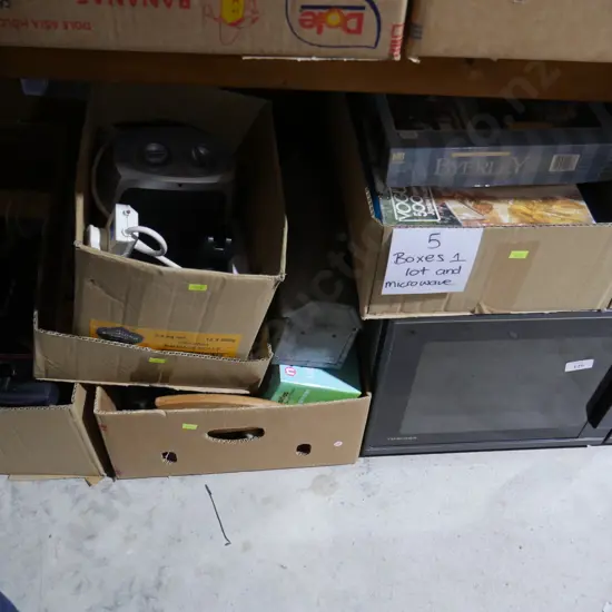 5 boxes sundries and microwave