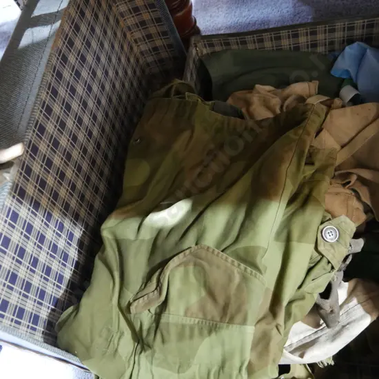 Old suitcase, camo jacket etc