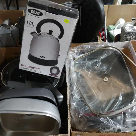 Two boxes of electric frying pans etc