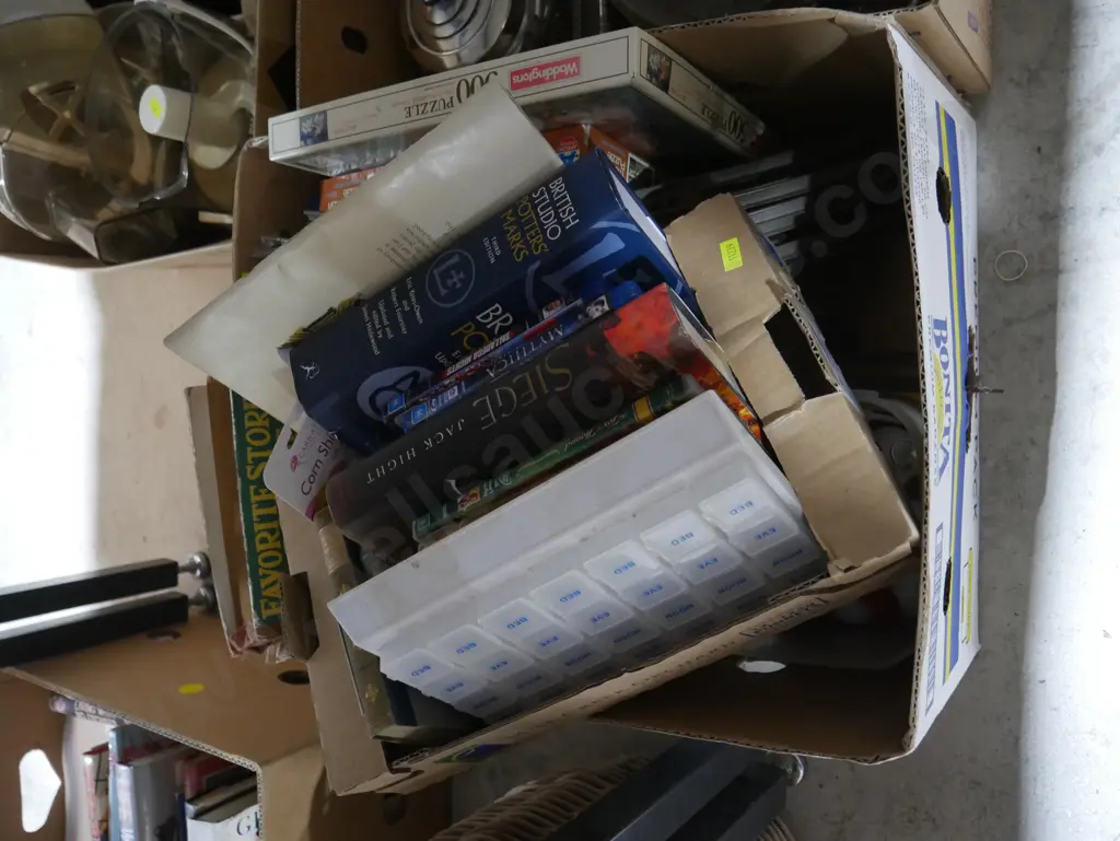 Three boxes of EP ware, train track, books etc Image 1++