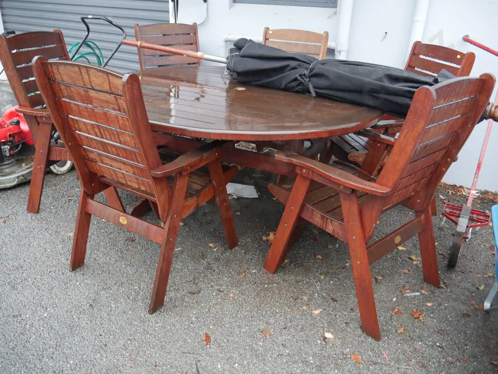 Timber outdoor table and chairs and umbrella Image 1++