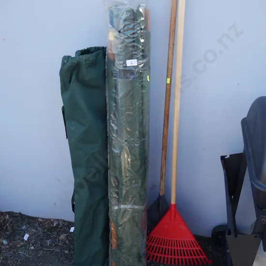 Sun umbrella, folding rocker chair, leaf rakes