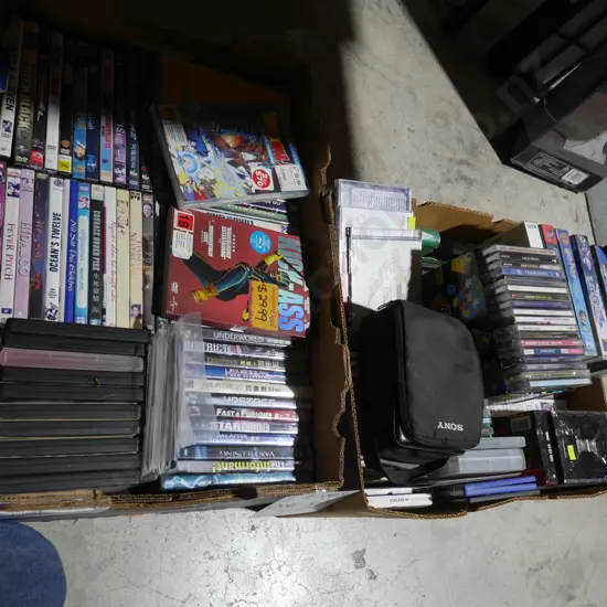 2 boxes of DVDs, CDs etc