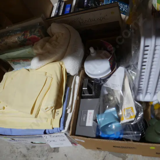 2 boxes of linen, kitchenware etc