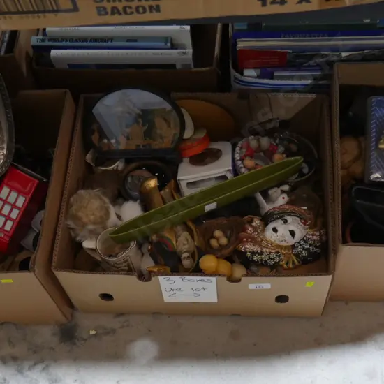 3 boxes of ornaments, sundries