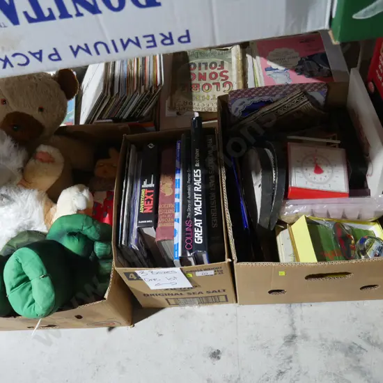 3 boxes of stuffed toys, books etc