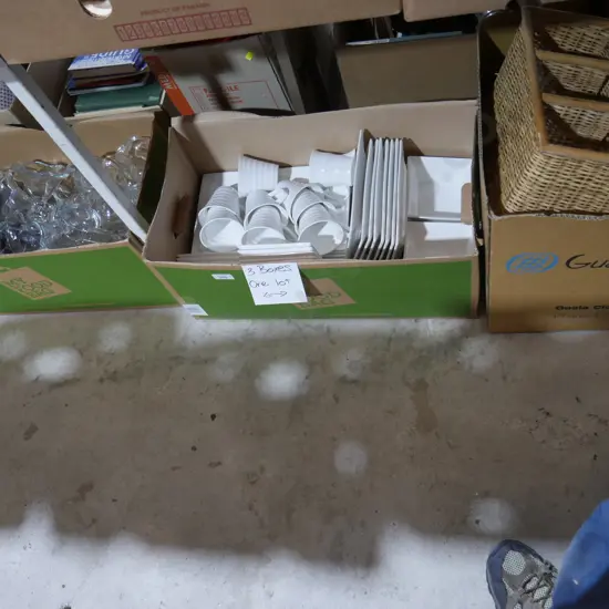 3 boxes of white dinnerware, kitchenware etc