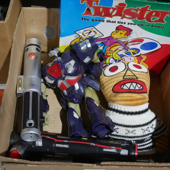Toy lightsabers, twister game etc