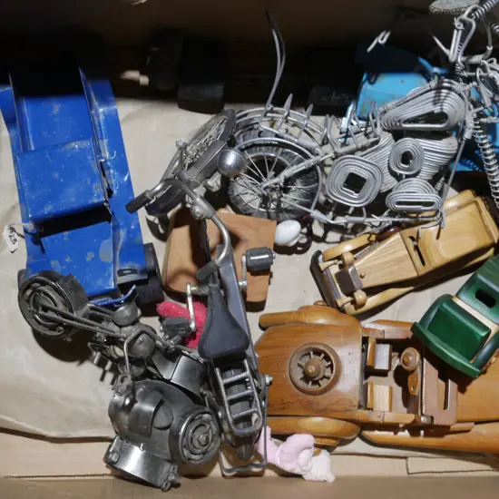 Metal motorcycle's, wooden cars etc