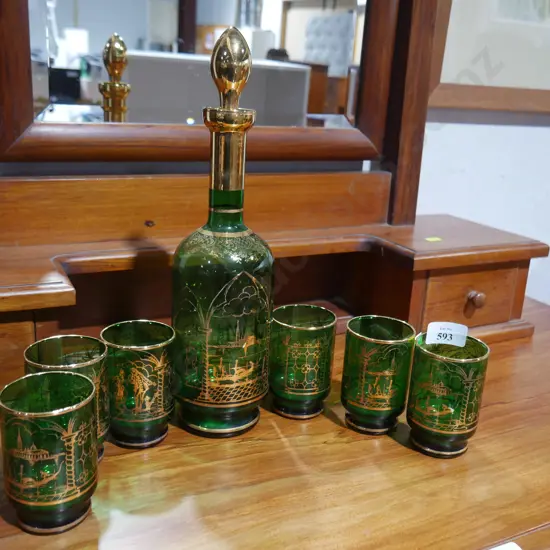 Green Bohemian decanter and glasses