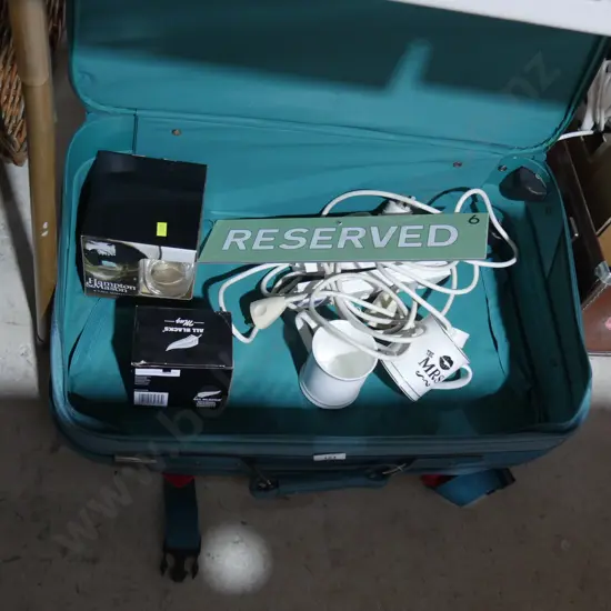 Suitcase, glassware, cords etc
