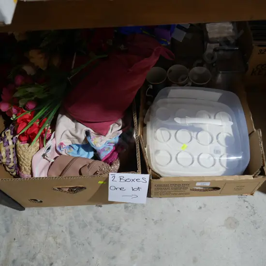 Two boxes of kitchenware, artificial flowers etc