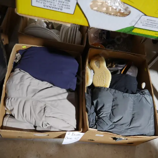 2 boxes of jackets and shoes