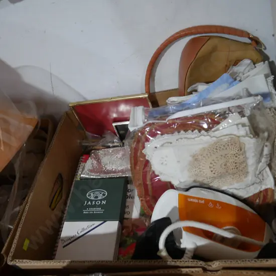 Steam iron, linen, frames etc