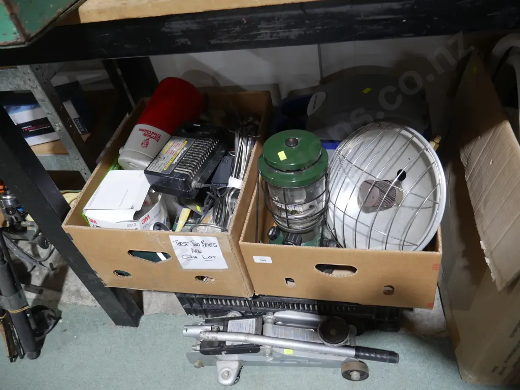 Two boxes Coleman lantern, chiller, battery chargers etc Image 1++