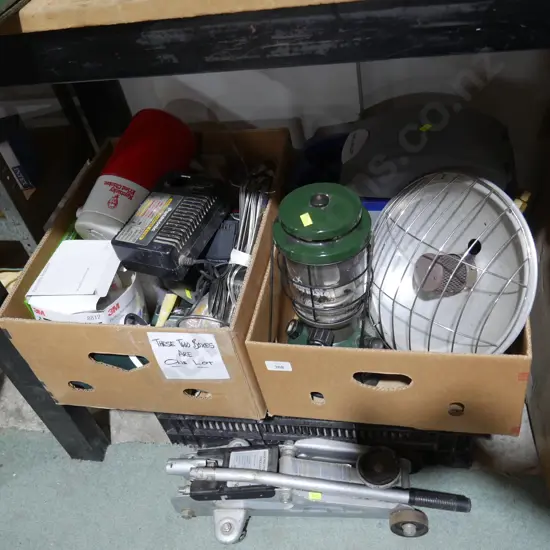 Two boxes Coleman lantern, chiller, battery chargers etc