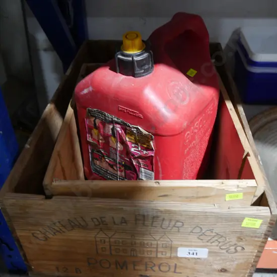 Wooden crates and petrol container