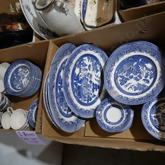 Two boxes of blue and white china