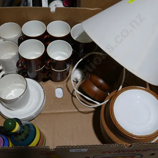 Table lamp, Poole cups and saucers