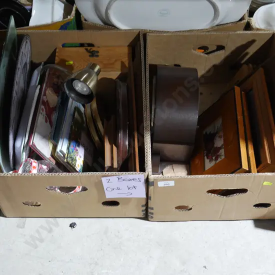 2 boxes of picture frames, mantle clock etc