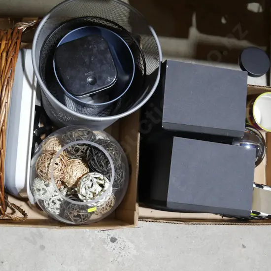 2 boxes Sharp speakers, ball ornaments etc