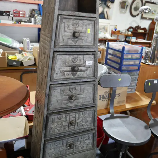 Tribal style carved pyramid drawers