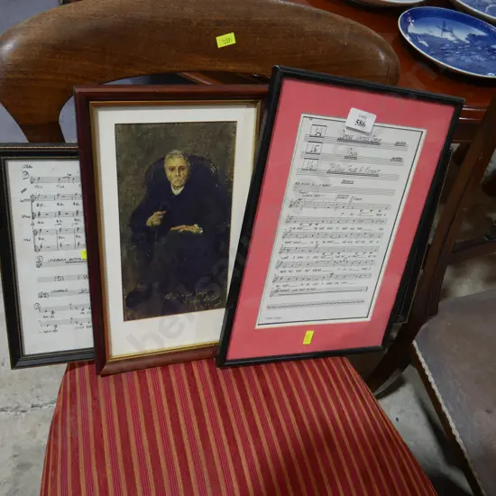 Framed music sheets etc
