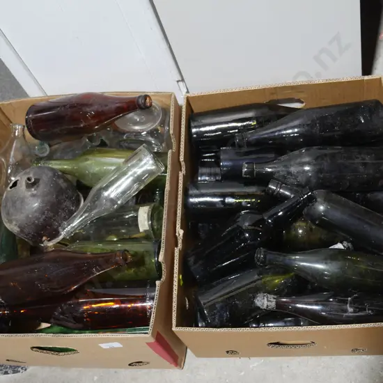 2 boxes of old glass bottles