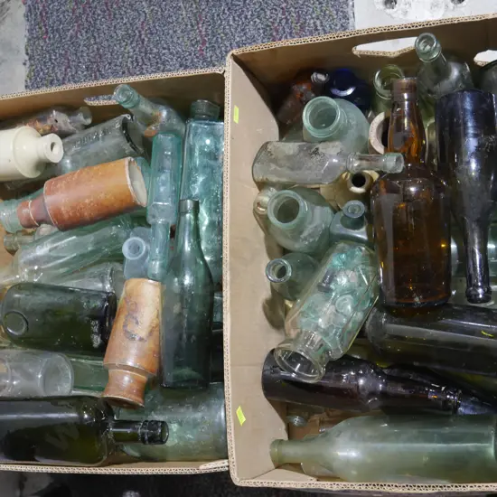 2 boxes of old glass bottles