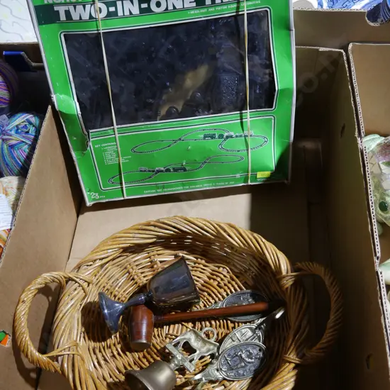 Train set, brass wall hooks etc