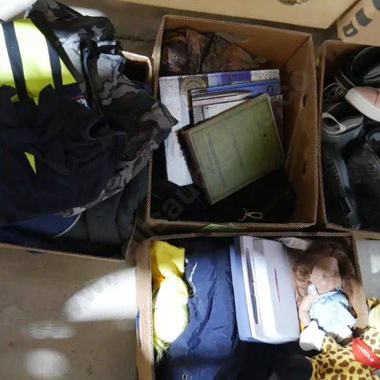 4 boxes shoes, clothes, books, sleeping bag etc