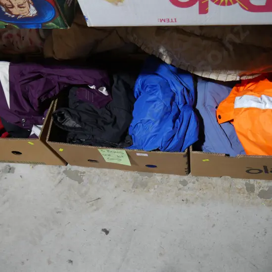 3 boxes jackets, caps etc