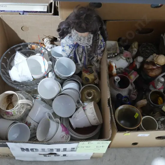 2 boxes china, figurines, foot massage etc