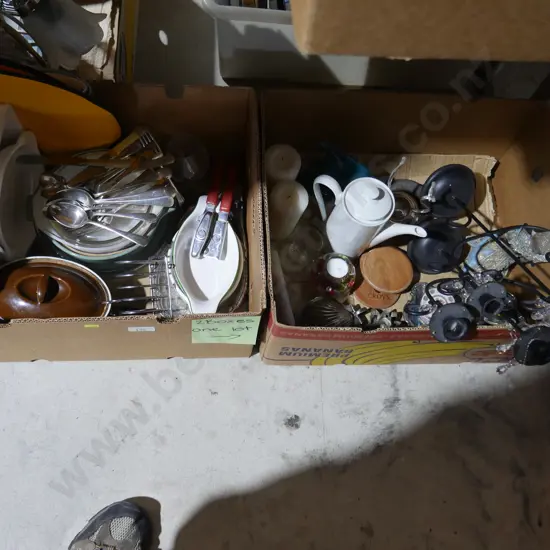 Two boxes of kitchenware etc