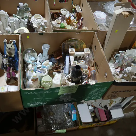 Three boxes of ornaments etc