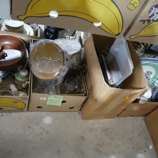 Four boxes of kitchenware, glassware etc