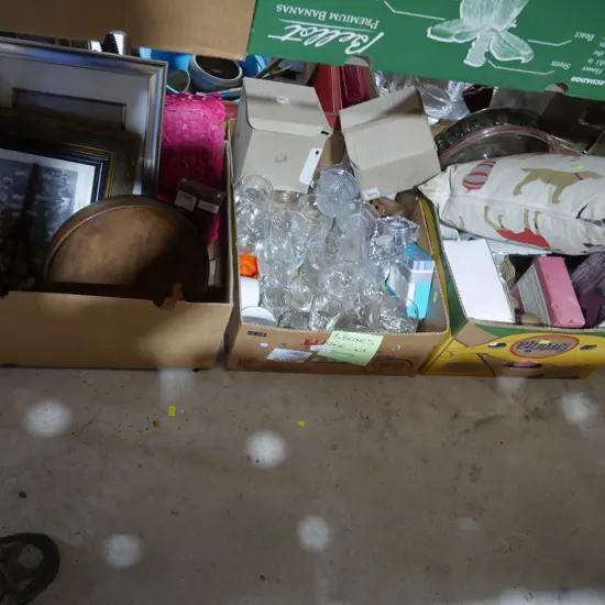 Three boxes of glassware, art etc