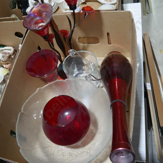 Red glass vase etc
