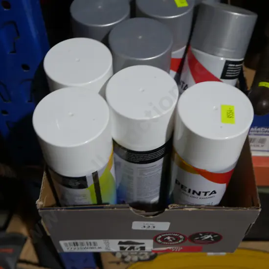 Tins of grey and white spray paint