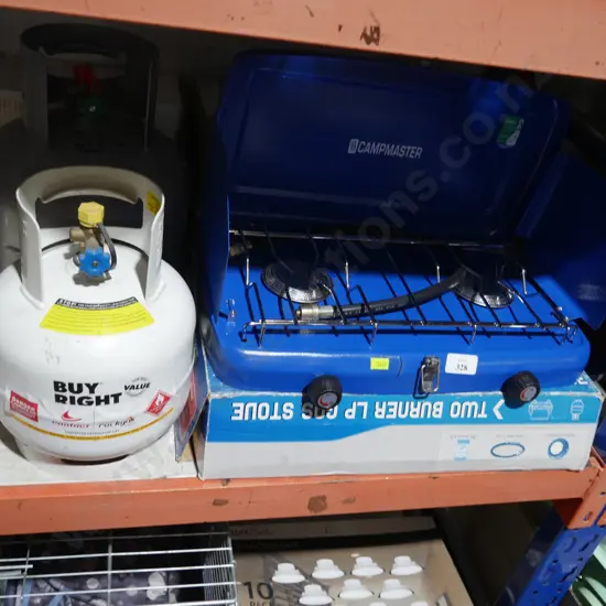 Two burner camp cooker and two gas bottles