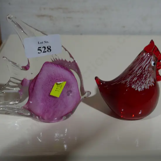 Chicken and fish glass paperweights