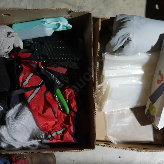 Two boxes vacuum sealer, dog accessories etc