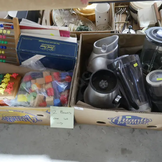 Two boxes of toys and kitchen mixers