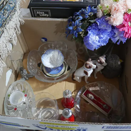 Glassware, dog figurines etc