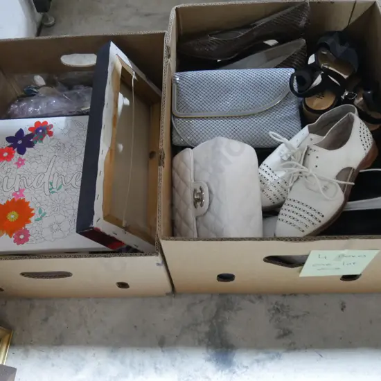4 boxes of ladies shoes, DVDs houseware etc